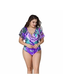 Wellwits Women's Plus Size Flutter Sleeves Flower Print One Piece Swimsuit