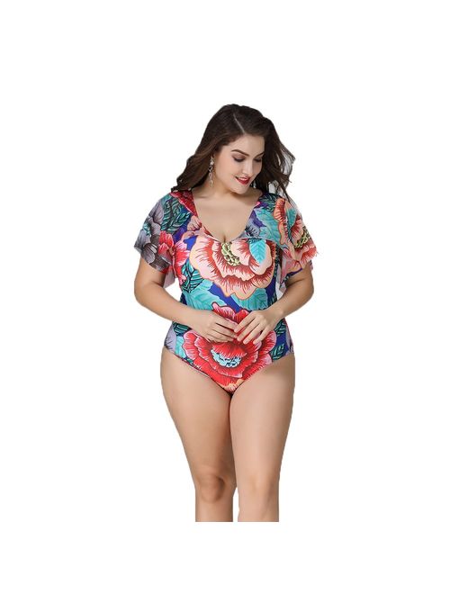 Wellwits Women's Plus Size Flutter Sleeves Flower Print One Piece Swimsuit