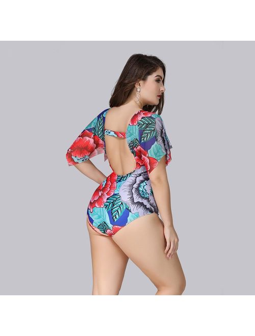 Wellwits Women's Plus Size Flutter Sleeves Flower Print One Piece Swimsuit