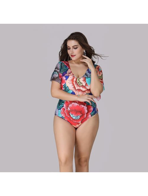 Wellwits Women's Plus Size Flutter Sleeves Flower Print One Piece Swimsuit