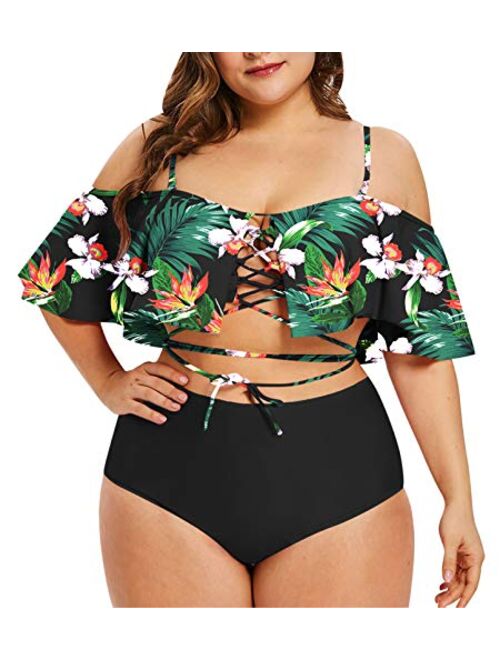 Kisscynest Women's Plus Size Swimwear 2 Piece Strappy Ruffle Bikini Swimsuit