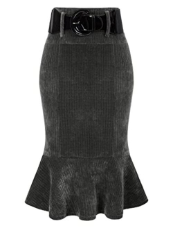 Womens Vintage Fishtail Skirt Sexy Bodycon Pencil Skirt with Belt