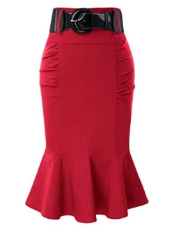 Womens Vintage Fishtail Skirt Sexy Bodycon Pencil Skirt with Belt