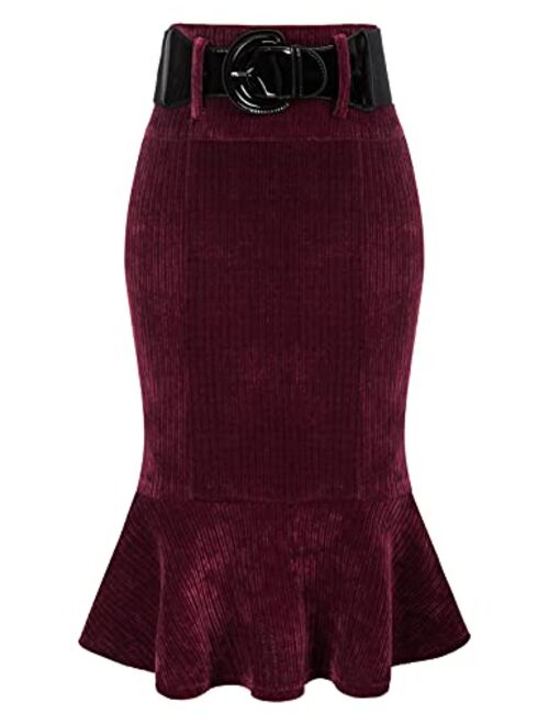 Belle Poque Womens Vintage Fishtail Skirt Sexy Bodycon Pencil Skirt with Belt