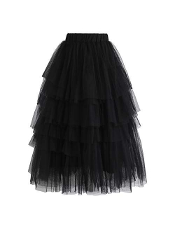 Chicwish Women's Nude Pink/Black Tiered Layered Mesh Ballet Prom Party Tulle Tutu A-line Midi Skirt