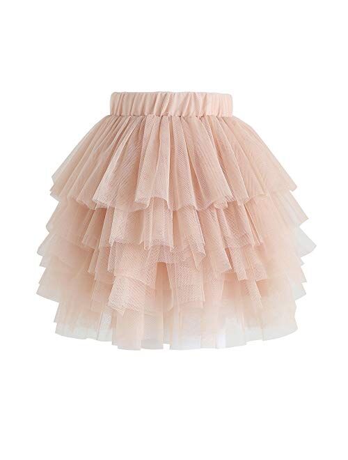 Chicwish Women's Nude Pink/Black Tiered Layered Mesh Ballet Prom Party Tulle Tutu A-line Midi Skirt