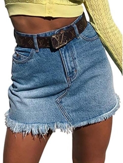 just quella Women's High Waisted Jean Skirt Fringed Slim Fit Denim Mini Skirt