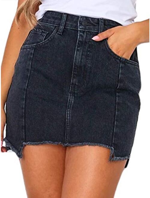 just quella Women's High Waisted Jean Skirt Fringed Slim Fit Denim Mini Skirt