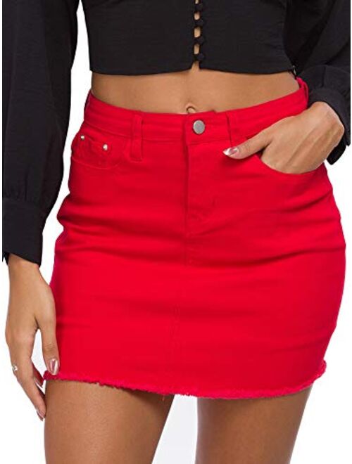 just quella Women's High Waisted Jean Skirt Fringed Slim Fit Denim Mini Skirt