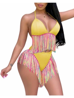 BONESUN Women Sexy Tassel Bikini Swimsuits 2 Pieces High Waist Bathing Suits