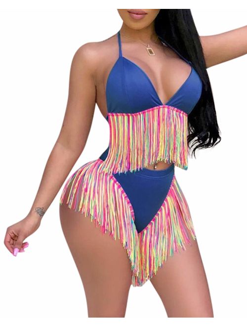 BONESUN Women Sexy Tassel Bikini Swimsuits 2 Pieces High Waist Bathing Suits