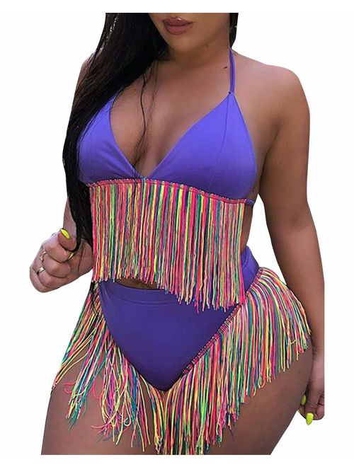 BONESUN Women Sexy Tassel Bikini Swimsuits 2 Pieces High Waist Bathing Suits