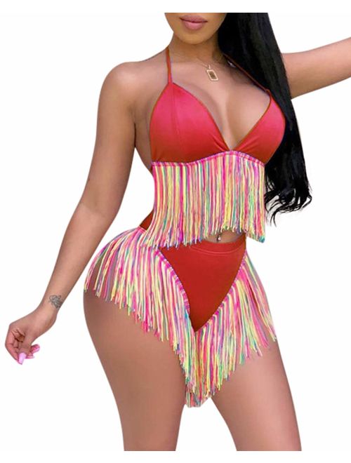 BONESUN Women Sexy Tassel Bikini Swimsuits 2 Pieces High Waist Bathing Suits