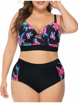 JOYMODE Women's Plus Size Bikini Set Floral Print High Waisted Swimsuit Tummy Control 2 Pieces Bathing Suit