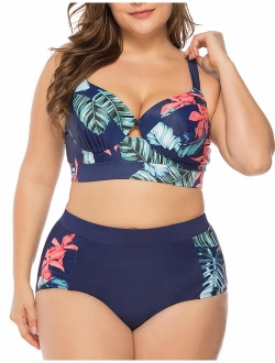 JOYMODE Women's Plus Size Bikini Set Floral Print High Waisted Swimsuit Tummy Control 2 Pieces Bathing Suit