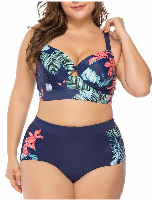 JOYMODE Women's Plus Size Bikini Set Floral Print High Waisted Swimsuit Tummy Control 2 Pieces Bathing Suit