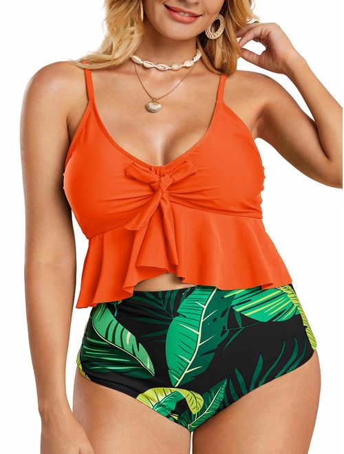 Ferbia Women Plus Size Ruffle Bikini Strappy Printed Swimsuits Tie Knot Spaghetti Strap 2 Piece Swimwear