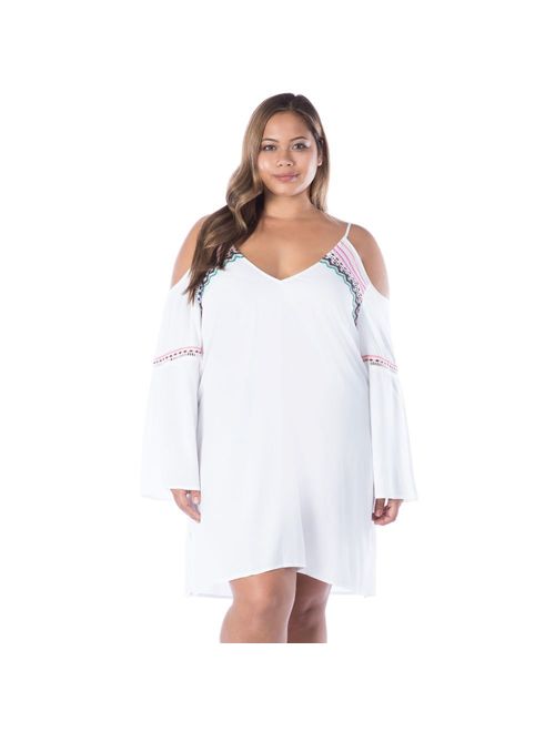 La Blanca Women's Plus Size Long Sleeve Cold Shoulder Tunic Cover Up Dress