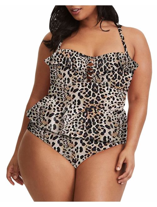 Modershe Womens Plus Size 2 Piece Swimwear Peplum Tankini Tops Tummy Control Floral Swimsuits