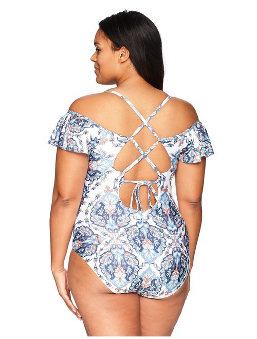 BECCA ETC Women's Plus Size Naples Off The Shoulder One Piece Swimsuit