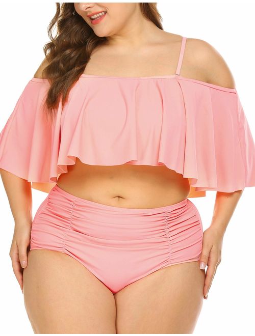 IN'VOLAND Women Plus Size Two Piece High Waisted Bikini Ruffled Flounce Top Bathing Suits Swimwear