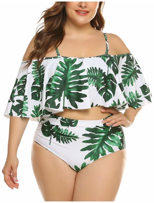 IN'VOLAND Women Plus Size Two Piece High Waisted Bikini Ruffled Flounce Top Bathing Suits Swimwear