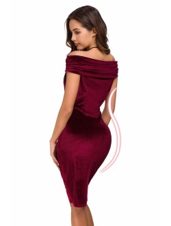 Womens Vintage Off Shoulder Shawl Velvet Bodycon Dresses Sexy Midi Slim Fit Dress for Party Cocktail Formal Evening Wedding