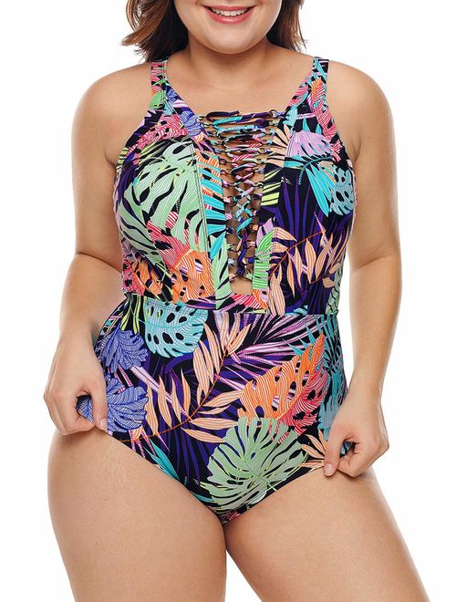 EVALESS Women Floral Print One-Piece Monokini Swimwear Beachwear Plus Size Swimsuit