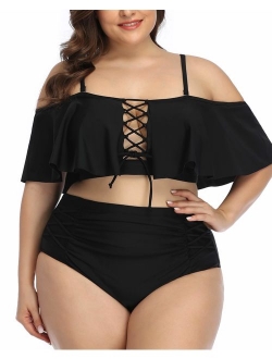 Daci Women Plus Size Swimwear High Waisted Ruffled Flounce Bikini Lace Up Tummy Control Swimsuit