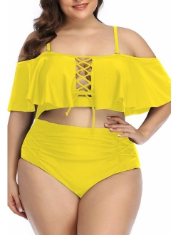 Daci Women Plus Size Swimwear High Waisted Ruffled Flounce Bikini Lace Up Tummy Control Swimsuit