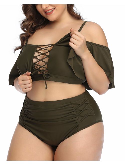 Daci Women Plus Size Swimwear High Waisted Ruffled Flounce Bikini Lace Up Tummy Control Swimsuit