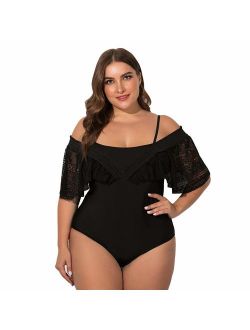 Wellwits Women's Plus Size Convertible Off Shoulder Strap Lace One Piece Swimsuit