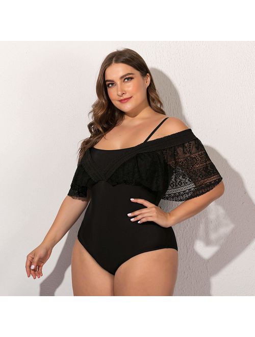 Wellwits Women's Plus Size Convertible Off Shoulder Strap Lace One Piece Swimsuit