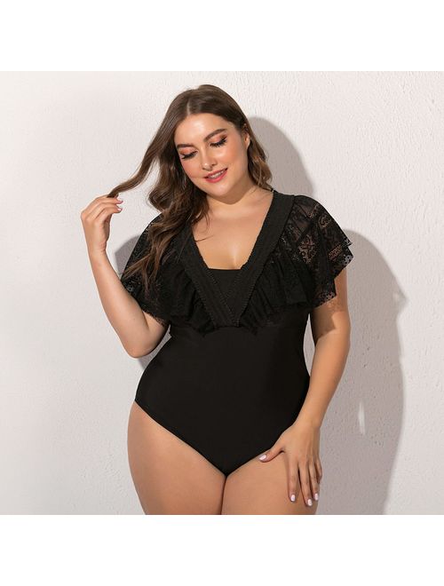 Wellwits Women's Plus Size Convertible Off Shoulder Strap Lace One Piece Swimsuit