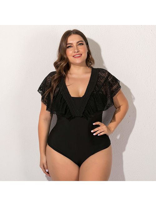 Wellwits Women's Plus Size Convertible Off Shoulder Strap Lace One Piece Swimsuit