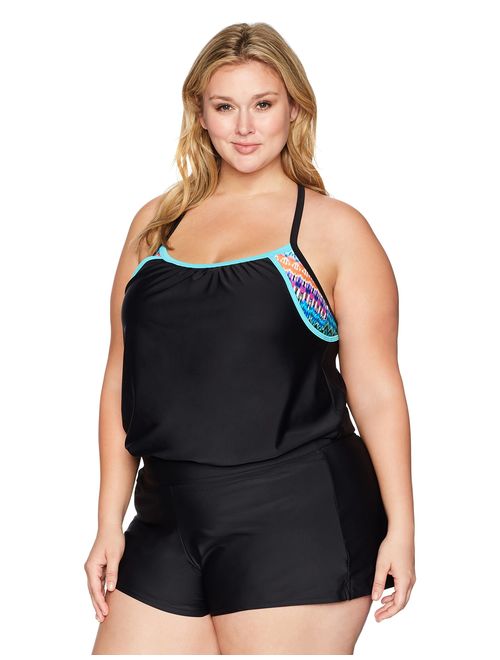 Amazon Brand - Coastal Blue Women's Plus Size Swimwear 2-in-1 Blouson Tankini Top