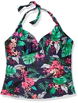 Amazon Brand - Coastal Blue Women's Plus Size Swimwear Shirred Halter Tankini Top