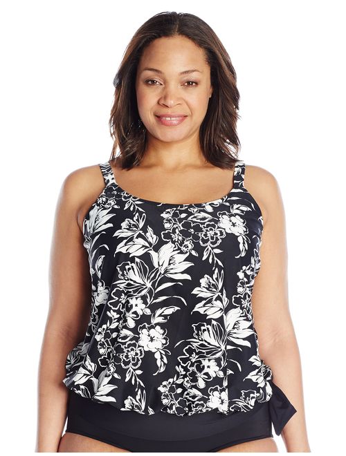 BEACH HOUSE WOMAN Women's Plus-Size Blouson Tankini Swimsuit Top Side Tie Detail