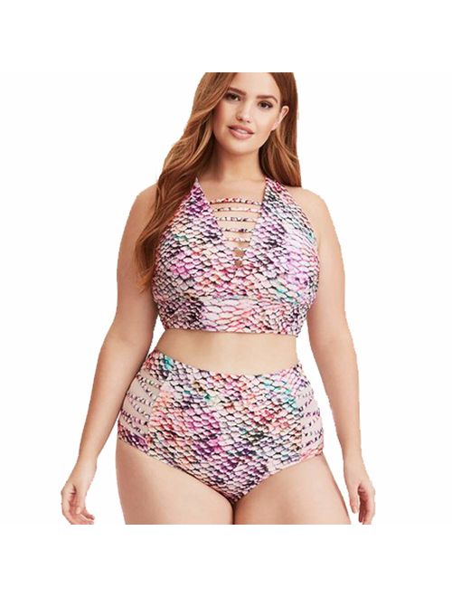 Joku Women's Plus Size Two-Piece Swimsuit, Fish Scale Print Bikini for Women