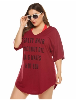 IN'VOLAND Women Plus Size Swimwear Baggy T-Shirts V Neck Letters Print Swimwear Bikini Beach Cover up