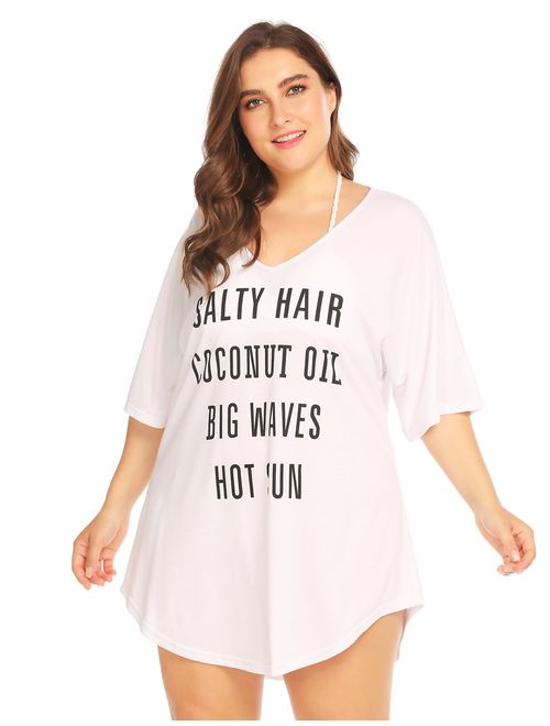 IN'VOLAND Women Plus Size Swimwear Baggy T-Shirts V Neck Letters Print Swimwear Bikini Beach Cover up