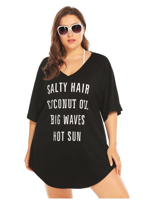 IN'VOLAND Women Plus Size Swimwear Baggy T-Shirts V Neck Letters Print Swimwear Bikini Beach Cover up