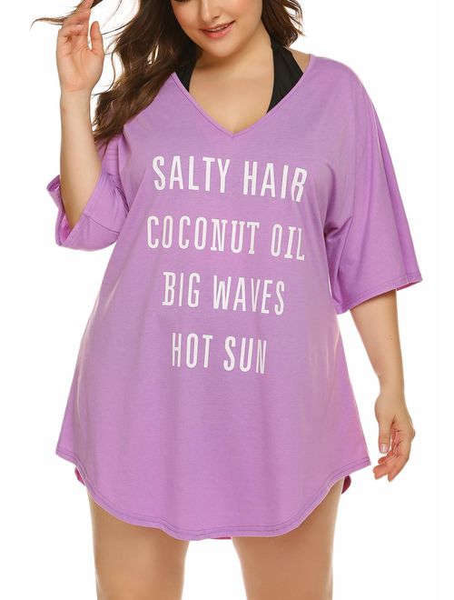 IN'VOLAND Women Plus Size Swimwear Baggy T-Shirts V Neck Letters Print Swimwear Bikini Beach Cover up