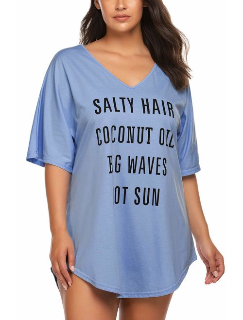 IN'VOLAND Women Plus Size Swimwear Baggy T-Shirts V Neck Letters Print Swimwear Bikini Beach Cover up