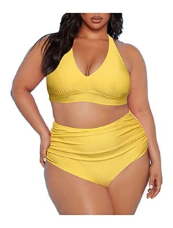 Sovoyontee Women's 2 Piece Plus Size High Waisted Halter Bikini Swimsuit Bathing Suit