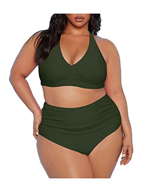 Sovoyontee Women's 2 Piece Plus Size High Waisted Halter Bikini Swimsuit Bathing Suit