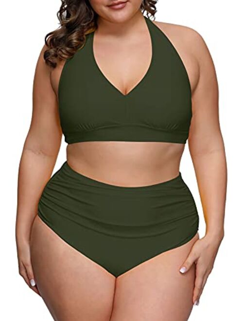 Sovoyontee Women's 2 Piece Plus Size High Waisted Halter Bikini Swimsuit Bathing Suit