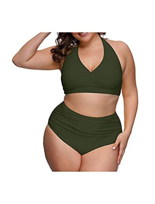 Sovoyontee Women's 2 Piece Plus Size High Waisted Halter Bikini Swimsuit Bathing Suit