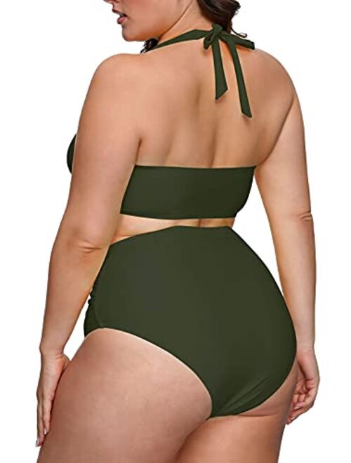 Sovoyontee Women's 2 Piece Plus Size High Waisted Halter Bikini Swimsuit Bathing Suit