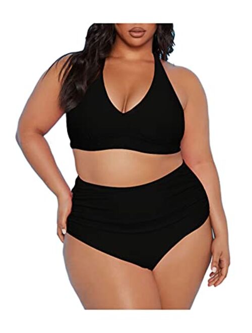 Sovoyontee Women's 2 Piece Plus Size High Waisted Halter Bikini Swimsuit Bathing Suit